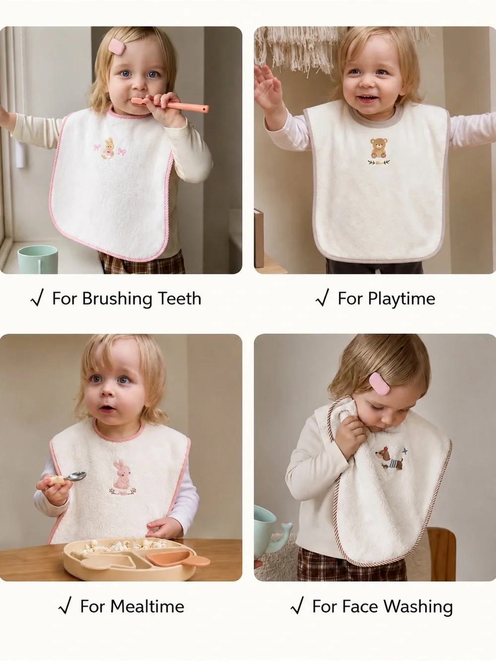 2 Waterproof Large Terry Cloth Toddler Bibs with Cute Embroidery Adjustable Snap